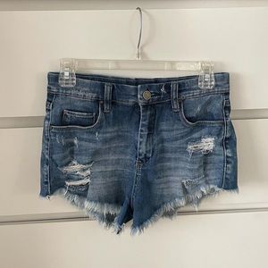 Wedgie Distressed Cut Off Stretch Denim Shorts